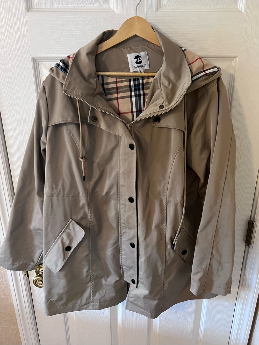 SaphiRose Khaki Long Wind Jacket Trench Coat with Plaid Lining Beige/Tan